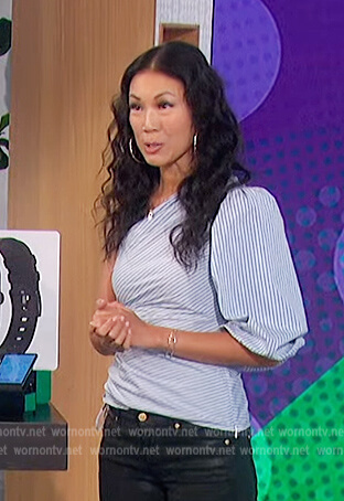 Chi-Lan Lieu’s blue striped one shoulder top on The Talk