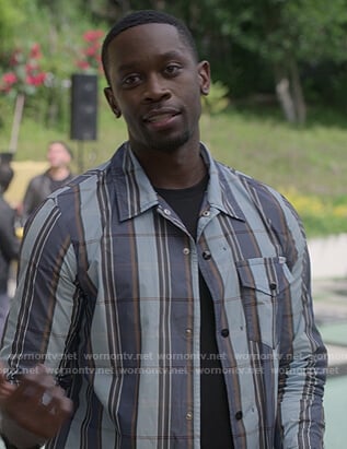 Chris’s blue striped shirt on Reasonable Doubt
