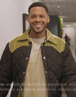 Clay’s colorblock quilted jacket on All American