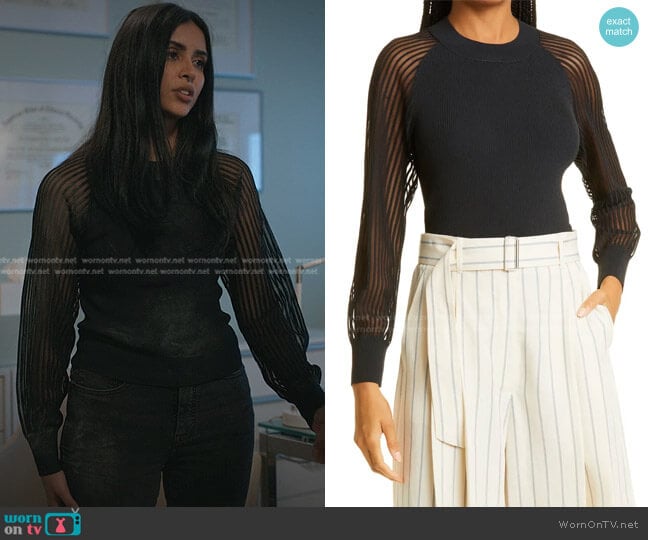 Club Monaco Sheer Stripe Sleeve Sweater worn by Saanvi (Parveen Kaur) on Manifest