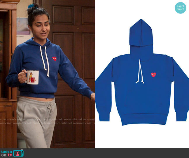 Comme Des Garcons PLAY Play Hooded Sweatshirt worn by Bela Malhotra (Amrit Kaur) on The Sex Lives of College Girls