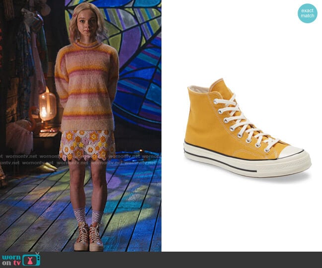 Converse Chuck Taylor High Top Sneakers in Sunflower / Black / Egret worn by Enid Sinclair (Emma Myers) on Wednesday