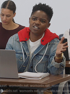 Coop’s cropped denim jacket with red hoodie on All American