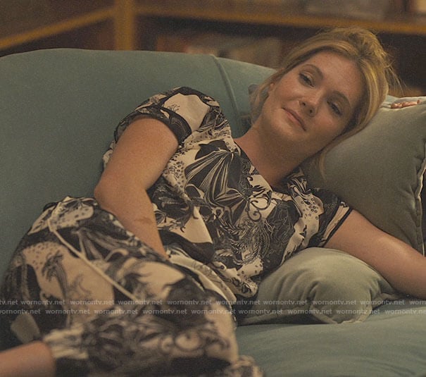 Daphne’s black and white printed top and pants set on The White Lotus