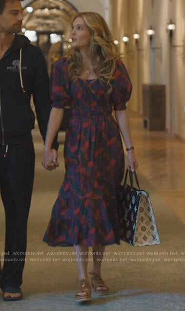 Daphne’s purple printed midi dress on The White Lotus