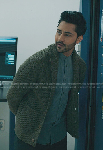 Devon’s green shawl collar cardigan on The Resident