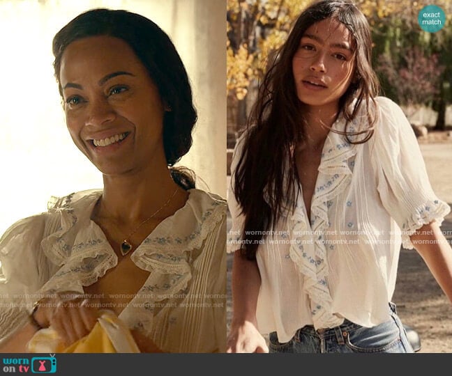 Doen Hettie Top in Salt Blue worn by Amy Wheeler (Zoe Saldana) on From Scratch