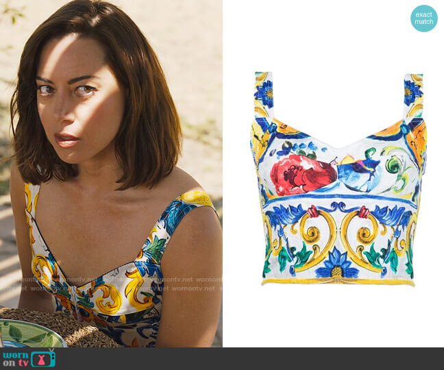 Dolce & Gabbana Tile Print Corset Top worn by Harper Spiller (Aubrey Plaza) on The White Lotus