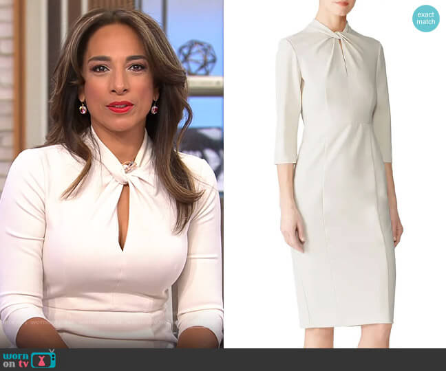Donna Morgan Twisted Keyhole Dress in Horn worn by Michelle Miller on CBS Mornings