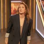 Drew’s pinstripe blazer and tie neck blouse on The Drew Barrymore Show