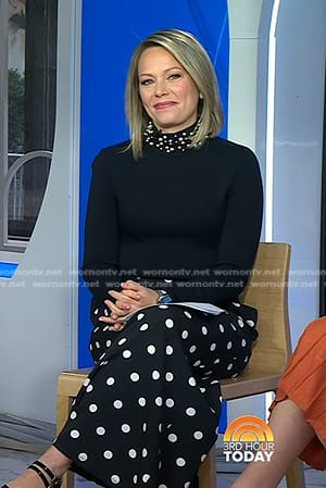 Dylan’s black pearl embellished sweater and polka dot pants on Today