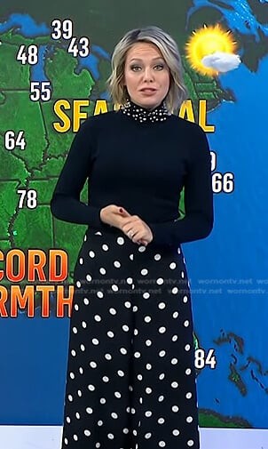 Dylan’s black pearl embellished sweater and polka dot pants on Today