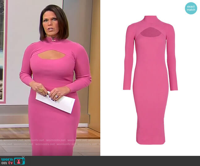 Elie Tahari Mock Neck Keyhole Dress in Azalea worn by Dana Jacobson on CBS Mornings