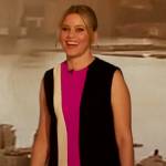 Elizabeth Banks’s colorblock mini dress on The Drew Barrymore Show