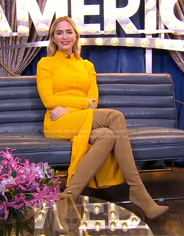 Emily’s yellow ribbed dress and boots on Good Morning America