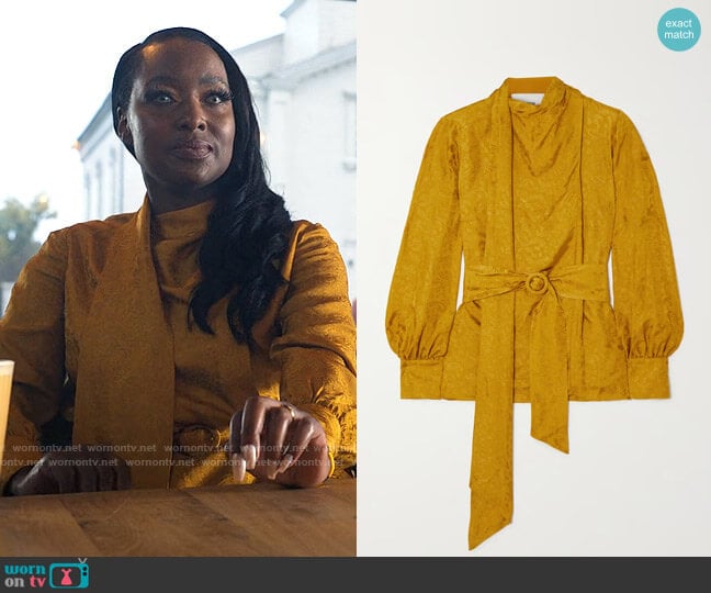 Erdem Willia belted satin-jacquard blouse worn by Gabrielle (Gracy Goldman) on Wednesday
