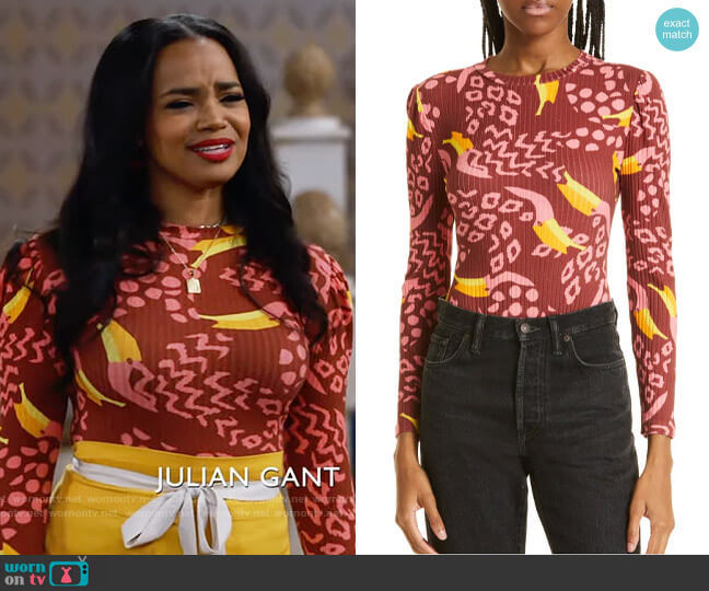 Farm Rio Toucanissimo Long Sleeve Stretch Cotton Body Suit worn by Randi (Kyla Pratt) on Call Me Kat