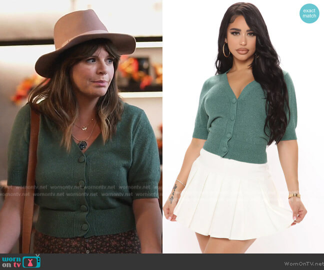Fashion Nova Demoree Cardigan Sweater in Teal worn by Denise (Casey Wilson) on Home Economics