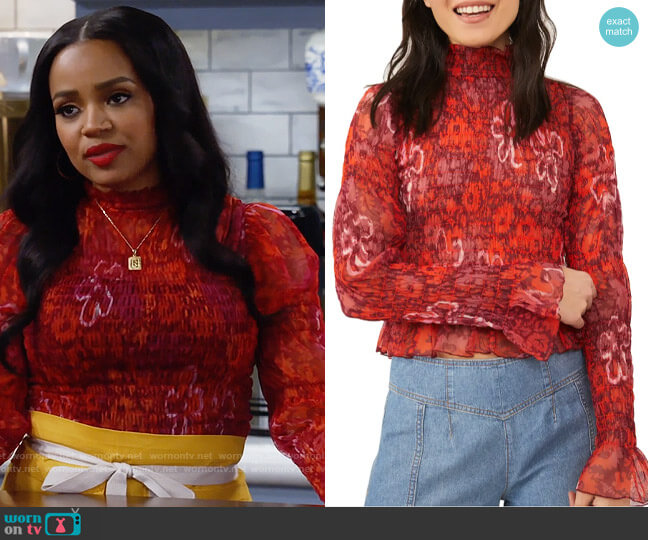 Free People Hello There Top in Maroon Combo worn by Randi (Kyla Pratt) on Call Me Kat