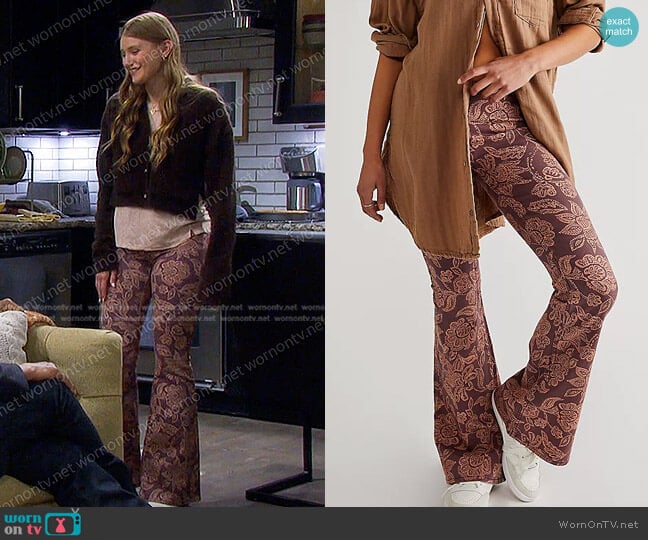 Free People Penny Pull-On Printed Flare Jeans in Port Combo worn by Alice Caroline Horton (Lindsay Arnold) on Days of our Lives