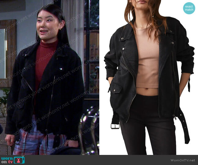 Free People Rebel Rebel Cotton Moto Jacket worn by Wendy Shin (Victoria Grace) on Days of our Lives