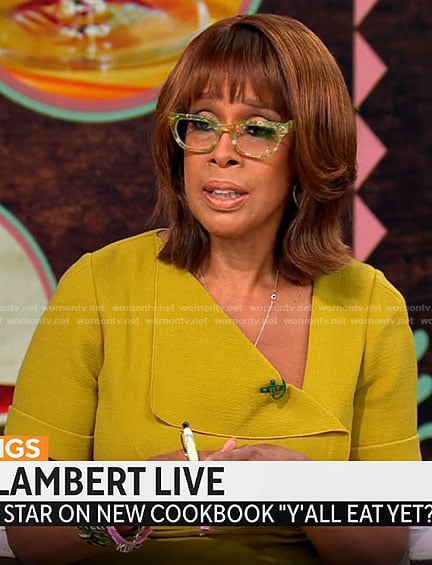 Gayle King’s chartreuse folded dress on CBS Mornings