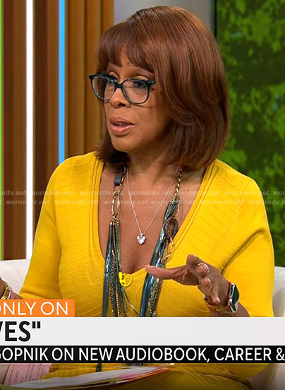 Gayle’s yellow ribbed v-neck dress on CBS Mornings