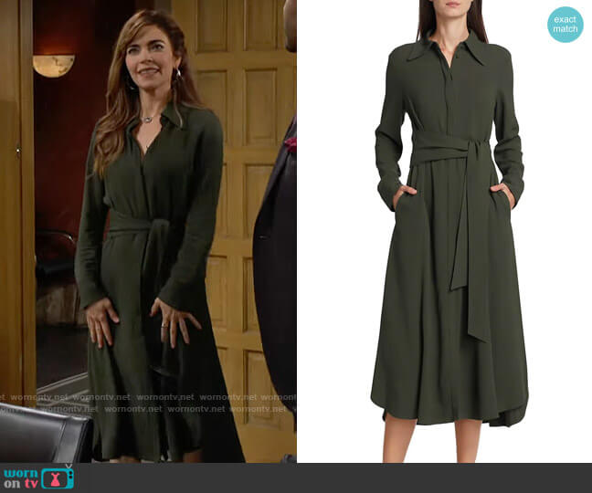 Halston Kori Belted Shirtdress in Forest worn by Victoria Newman (Amelia Heinle) on The Young and the Restless
