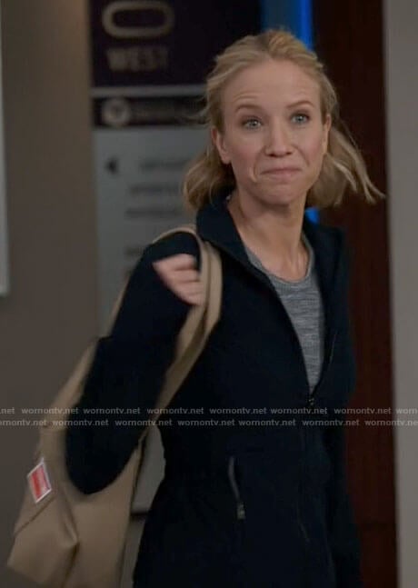 Hannah’s navy jacket on Chicago Med