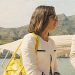 Harper’s white stripe trim jacket and skirt on The White Lotus