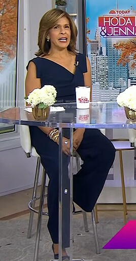 Hoda’s navy draped neck jumpsuit on Today