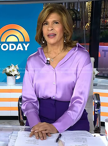 Hoda’s purple satin blouse and pants on Today