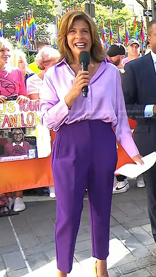 Hoda’s purple satin blouse and pants on Today