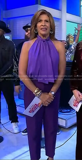 Hoda’s purple tie neck top and pants on Today