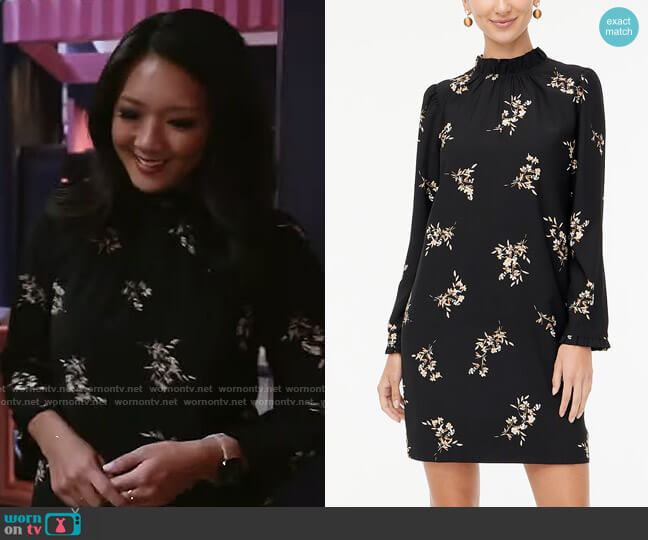 J. Crew Factory Printed ruffleneck shift dress worn by Nancy Chen on CBS Mornings