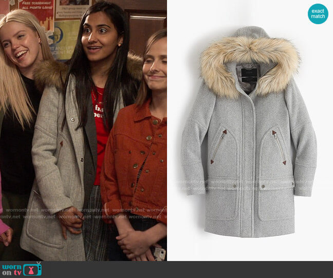 J. Crew Chateau parka in stadium-cloth worn by Bela Malhotra (Amrit Kaur) on The Sex Lives of College Girls