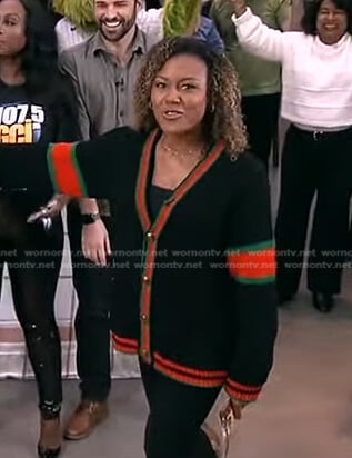 Janai’s black stripe-trim cardigan on Good Morning America