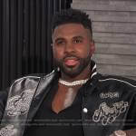 Jason Derulo’s black printed varsity jacket on E! News