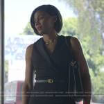 Jax’s black sleeveless surplice dress on Reasonable Doubt