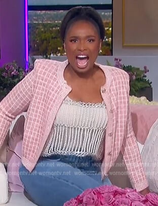 Jennifer’s pink check tweed cardigan on The Jennifer Hudson Show