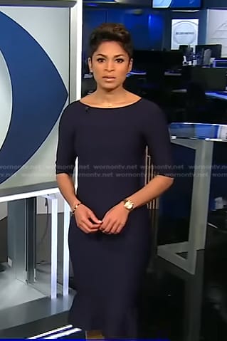 Jericka’s navy elbow sleeve dress on CBS Evening News