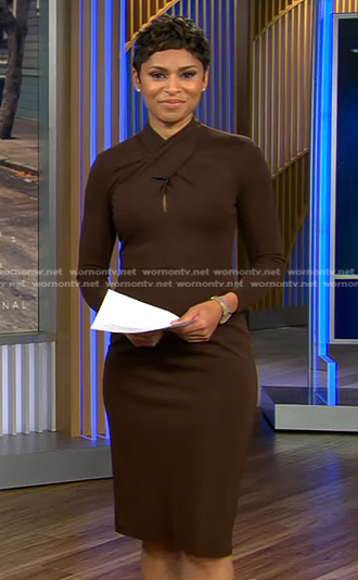 Jericka’s brown cross neck sheath dress on CBS Evening News