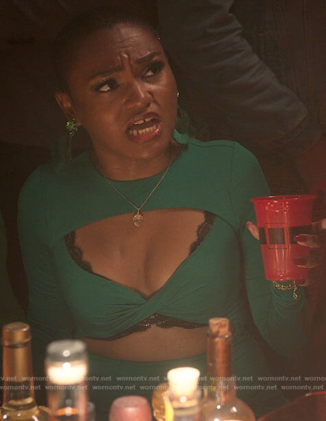 Jocelyn’s green cutout twisted dress on The Sex Lives of College Girls