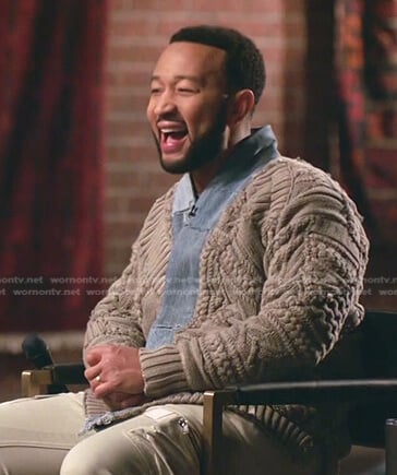 John’s cable knit denim trim cardigan on The Voice