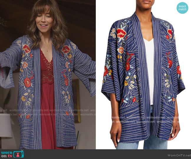 Johnny Was Katya Embroidered Chambray Kimono Jacket worn by Judy Hale (Linda Cardellini) on Dead to Me