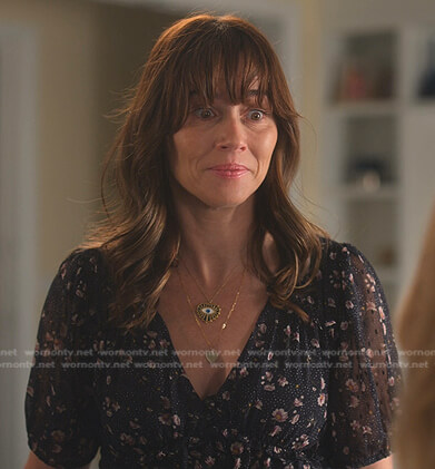 Judy’s navy floral chiffon dress on Dead to Me