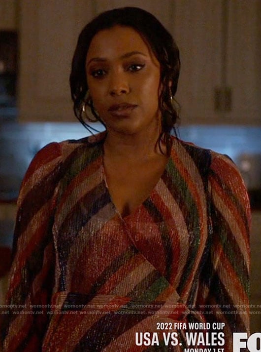 Kayla’s metallic stripe wrap dress on Monarch