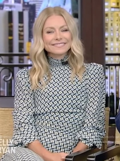 Kelly’s green geometric print dress on Live with Kelly and Ryan