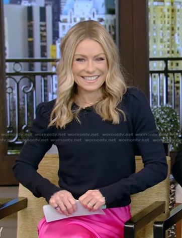 Kelly’s navy puff sleeve sweater on Live with Kelly and Ryan