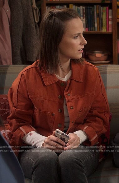 Kimberly’s orange denim jacket on The Sex Lives of College Girls